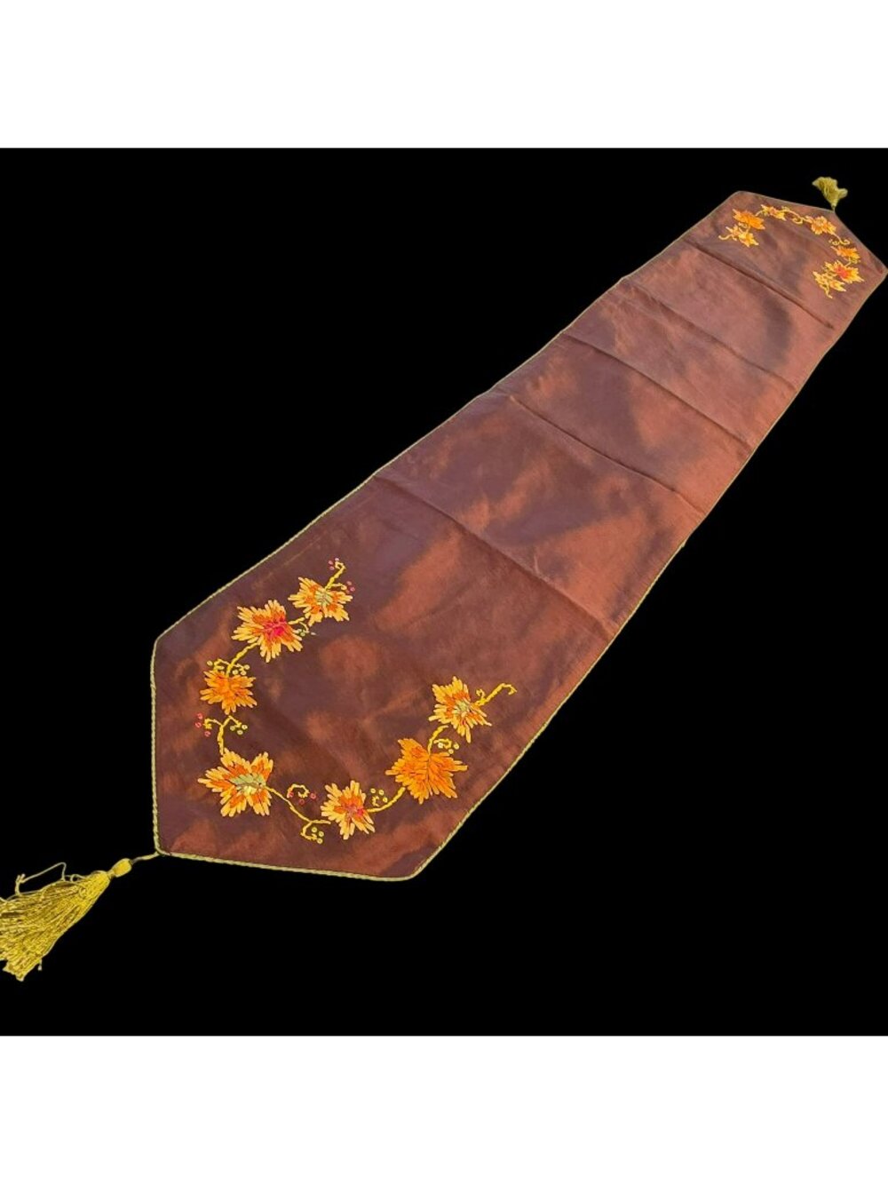 Vtg Fall Autumn Silky Satin Table Runner Embroidered Leaves Vines Tassels 80"